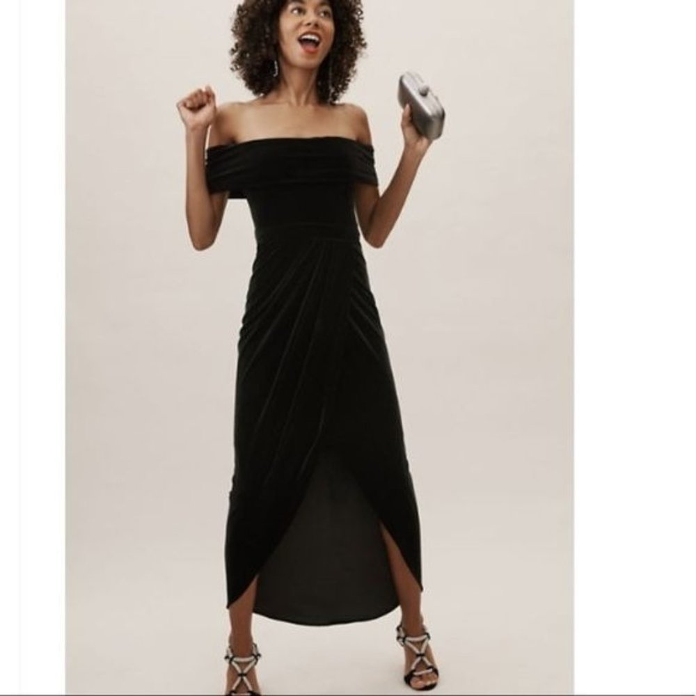 BHLDN Edison Black Velvet Tulip Off The Shoulder Midi Dress - Size 0